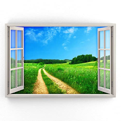 Estika - Leinwandbild Fensterblick - Feldweg, Wald, Natur - 120x80 cm - Modernes Wandbild für Wohnzimmer, Schlafzimmer, Kinderzimmer - Natur Landschaftsbild - 5983A_1B