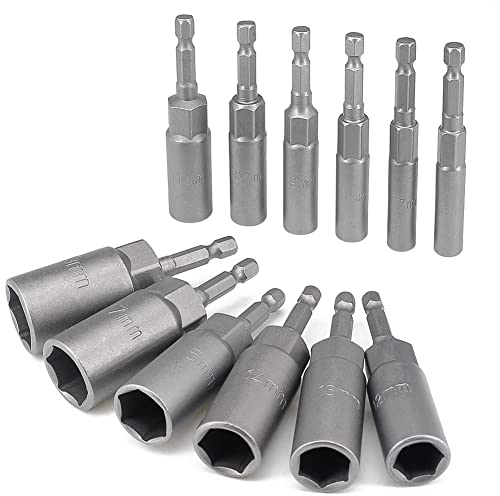 12 Stück Steckschlüssel Langnuss Set, 6-19mm Steckschlüsselsatz für akkuschrauber, 1/4 Sechskant Stecknuss Set - 6er 7er 8er 9er 10er 11er 12er 13er 14er 15er 17er 19er Lang Nuss Bit Set