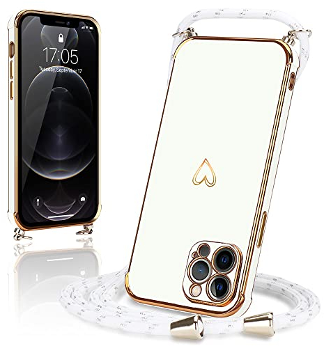 Micoden Handykette kompatibel mit iPhone 12 Pro hülle Ultra dünn Kameraschutz Herz Love Design Galvanik TPU Silikon Bumper Kordel zum Umhängen Handyhülle mit Band Schutzhülle,Weiß