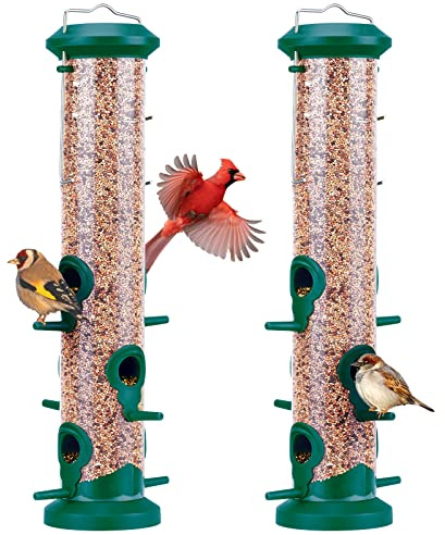 Kingsyard 2X Vogelfutterspender 38cm - mit 6 Anflugstangen, Vogel Futterstation, Wildvogelfutterspender für Sämereien, ganzjährige Fütterung, für Garten/Terrasse/Balkon, Grün