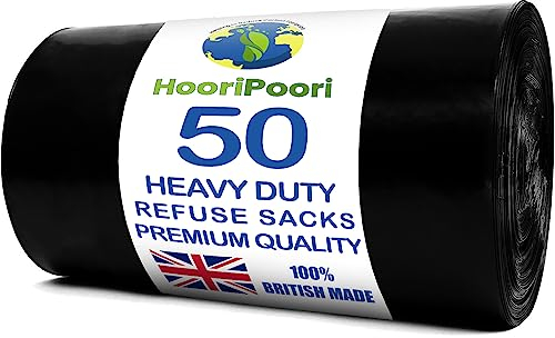 HooriPoori 50 Large Black Heavy Duty Bin Bags, 30 μm 75L Litre Strong Leak & Tear Resistant Dustbin Bags Roll, Bin Liners, Heavy Duty Bin Bag, Refuse Sacks 100% Recycled Material & Eco Friendly