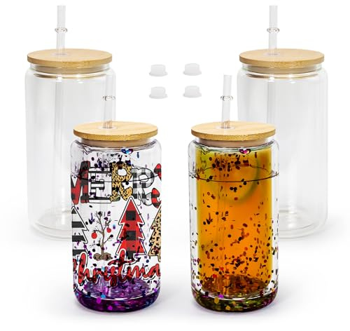 AGH 4 Pack Snow Globe Tumbler 16 oz Sublimation Snow Globe Glass Tumbler with Pre Drilled Hole Double Wall Snowglobe Glass Cups for Snow Globe Glitter DIY