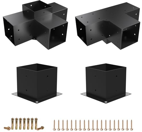 Kinchoix Lot de 2 supports de pergola de 10,2 x 10,2 cm, supports en T à 4 voies, kit de base de poteau pour pergola de 10,2 x 10,2 cm (réel 8,9 x 8,9 cm)