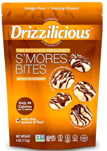 Drizzilicious Mini torte di riso S'mores – patatine di riso, snack sano per adulti e bambini, torte di riso aromatizzate, vegane, senza glutine, senza allergeni, solo 90 calorie per porzione, 113,4 g