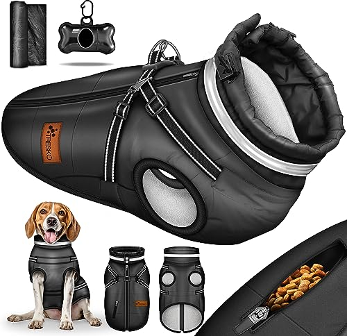 TRESKO® Hundejacke Winter mit Reflektoren inkl. 15 Stück Kotbeutel + Spender | Hunderegenmantel wasserdicht | Hundemantel mit Geschirr | Hunde Winterweste gefüttert (3XL, Schwarz)