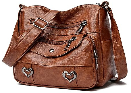 Vllcsla Sac à Bandoulière Femmes Sac à Message Imperméable en Cuir avec Poche à Fermeture éclair, Sac Bandoulière de Taille Moyenne Une Ouverture de Grande, 22x17x10 cm, Décor de Cœur