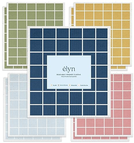 ELYN Swedish Dishcloths, Reusable & Washable Sponge Cloths, Absorbent Cleaning Paper Towels for Kitchen, Dishes, Counters and More, 10 Pack, Assorted Rainbow Color Window Pane Pattern
