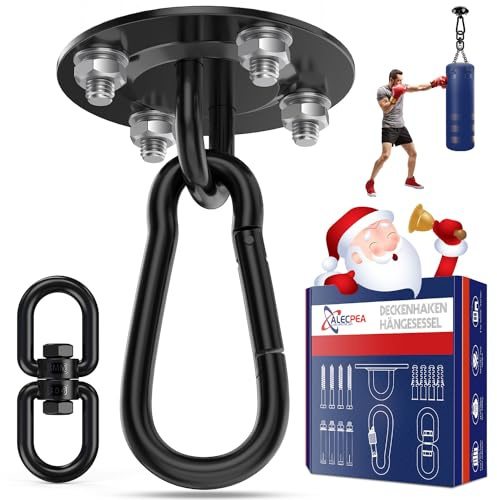 ALECPEA Deckenhaken 400kg Edelstahl - Boxsack Halterung Schwarz | 360° Drehwirbel für Hängematten, Schaukelhaken, TRX & Boxsack Aufhängung - Indoor & Outdoor Schwerlasthaken