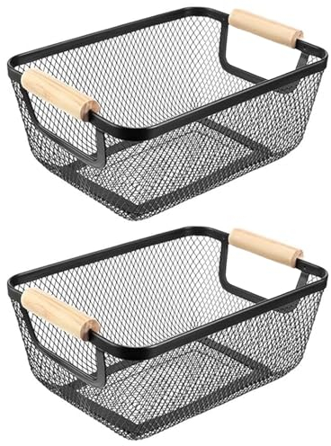 HOJKMA 2er-Set Netz Stahl Lagerung Aufbewahrungskorb mit Holz Henkel, Rechteck Multifunktionaler Metalldraht Hängende Küchenkörbe Obstkorb für Küche, Bad, Speisekammer, Schrankhaus, Einkaufen, Schwarz