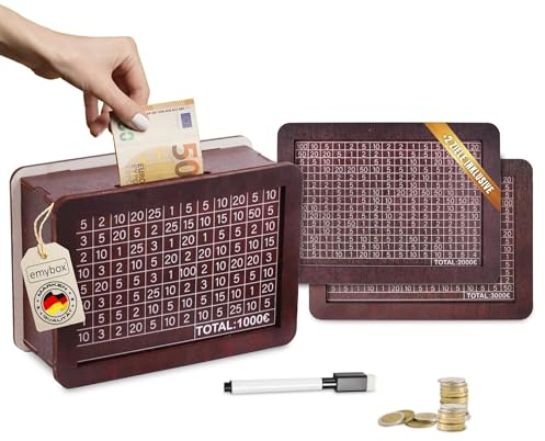 emybox® Sparbox (mit 3 Ziele) – Spardose aus Holz mit Zahlen zum Ankreuzen. mit Ziel (1000€, 2000€, 3000€) und Stift. 18x13x7cm