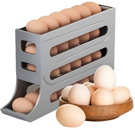 Ikaif Dispensador De Huevos Enrollable Automático De 4 Pisos, Portahuevos Que Ahorra Espacio Para El Frigorífico Y La Encimera, Organizador De Huevos De Cocina De Plástico Duradero (Gris)