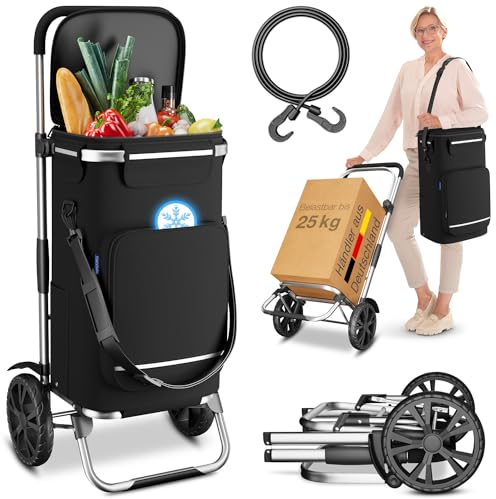 ELONEO Einkaufstrolley klappbar, Einkaufswagen mit Kühlfach, 3in1 Trolley, Sackkarre & Umhängetasche, Einkaufsrollwagen, Shopping Trolley 43L Kapazität & Spanngurt, Hackenporsche Schwarz