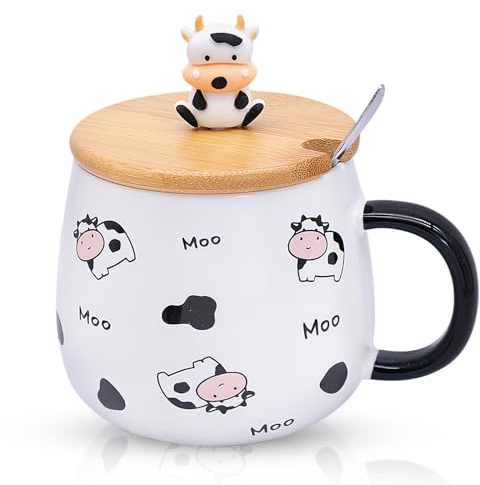 Tazza di Mucca Dolce Caffè in Ceramica con Coperchio e Cucchiaio in Acciaio Inox, 480 ml 3D Animale Tazza di Caffè Porcellana Divertente Regalo di Compleanno per Donne Amici