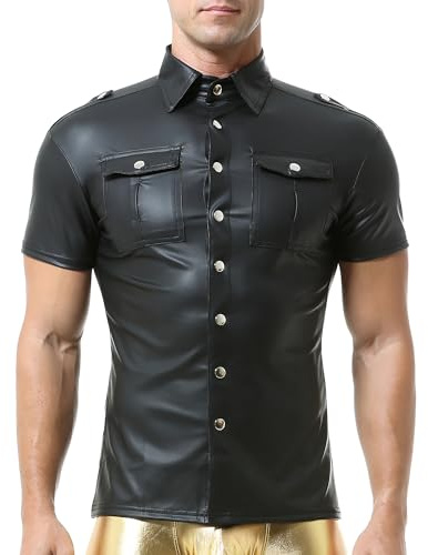 QiaTi Camicia da uomo in pelle sintetica con 2 tasche, con bottoni, scollatura, a maniche corte, per lavoro, lavoro, casual, Nero , M