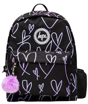 hype Girls Backpack, Black with Purple Iconic Glitter Scribble Hearts, School Bag for Kids, Comfortable Rucksack with Bottle Holder, 3 Storage Compartments, Padded, Adjustable Straps & Grab Handle