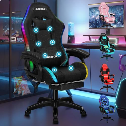 ELFORDSON LED Gaming Chair with 8-Point Massage, Swivel Office Chairs with Head Pillow Lumbar Support, Ergonomic Desk Chair with Armrests Footrest, Fabric Linen, Black