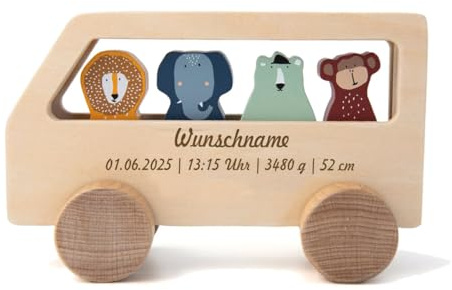 Trixie Spielbus Holz PERSONALISIERT mit Name graviert Motorikspielzeug Spielzeug Auto ab 18 Monate Geschenk zur Geburt