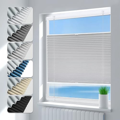 Deswell Plissee ohne Bohren Verdunkelung Klemmfix Verdunklungsplissee B35 x H80 cm Hellgrau, 100% Blickdicht lichtundurchlässig Thermo Plissee Faltrollo Sichtschutz Sonnenschutz für Fenster Tür