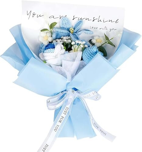 TOTOOSE Crochet Tulip Rose Flower Bouquet: Artificial Handmade Knitted Bouquet for Valentine's Day | Mother's Day | Birthday | Home Decor (Blue)