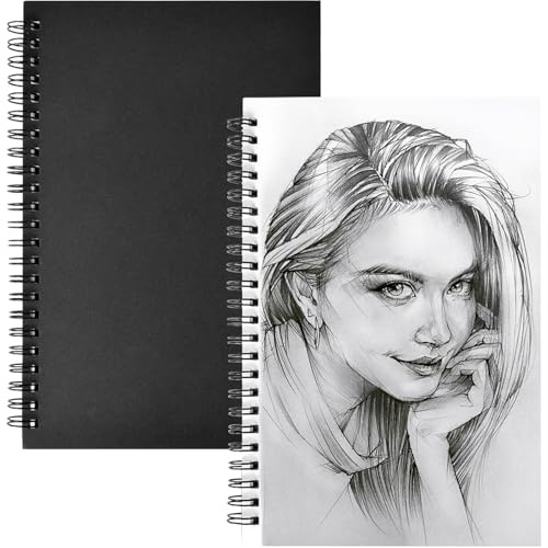 Xrten 2 Pezzi Riciclabile Blocco da Disegno, Carta da Disegno Professionale, A5 Rilegatura a Spirale Sketchbook, Nero Libro per Schizzi Vuoto, Adatto per Matite Acquerellabili