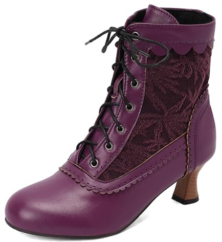 Gicoiz Femme Lacets Military Brogue Low Talon de Chatons Comfy Bottes de Cheville Bout Rond Automne Hiver Vintage Chukka Biker Bottines Violet Taille 38 EU-39Cn