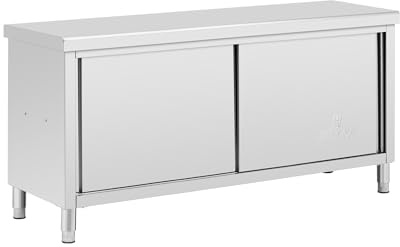 Royal Catering Edelstahl-Arbeitsschrank mit Durchreiche 180 x 60 cm 1 Einlegeboden 500 kg max. Tragkraft verstärkte Oberfläche höhenverstellbare Füße Durchreicheschrank Edelstahlschrank Gastro