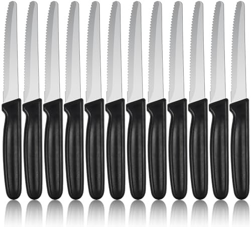 LustLocke 12 Stück Schwarze Frühstücksmesser, Brotmesser Wellenschliff, Hochwertige Edelstahl Tafelmesser, Sehr Scharfe Besteck Messer Set, Kunststoffgriff Brotzeitmesser, Spülmaschinenfest