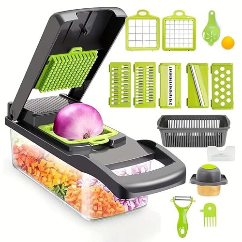 HATAF Picador y rebanador de verduras 13 en 1 – Dicador de alimentos multifuncional con 8 cuchillas, pelador, separador de huevos y recipiente de almacenamiento – Gadgets de cocina para una fácil