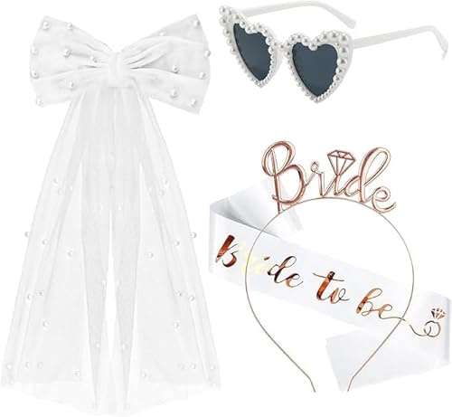 NIEEKRUN JGA Accessoires Frauen, 4 Stück Weiß Bride to Be Schärpe und Schleier, Herz Sonnenbrille Perle, JGA deko frauen für JGA Deko Junggesellinnenabschied Hochzeit Bachelorette Zubehör