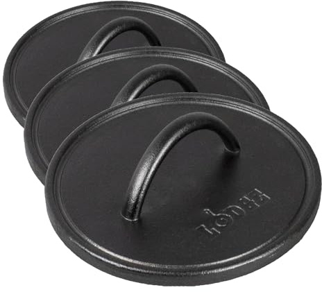 Lodge Pre-Seasoned Round Cast Iron Press - Cast Iron Griddle Press for a Restaurant-Quality Sear - Unparalleled Heat Retention - Use on the Stove or the Grill - 8 Inch (Pack of 3)