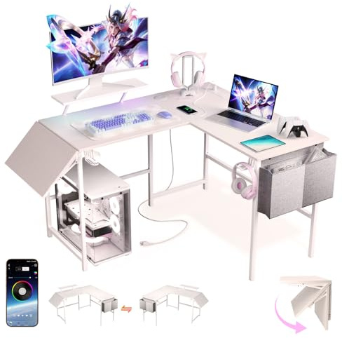 VidaTeco Gaming Tisch mit Intelligente LED-Leuchten, Schreibtisch L Form mit Schreibtisch-Erweiterung für Heimbüro, 120-150cm Eckschreibtisch mit Steckdose, Aufbewahrungstasche, Monitorständer, Weiß