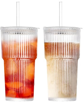 Henrrida 2 PCS Glass Mit Deckel Und Strohhalm, Matcha Glas,Eiskaffee Gläser,Lange Trinkglas,Smoothie,600 ml Luftdichte Und Wasserdichte Konstruktion 20 OZ Geschirrspüler Sicherheit
