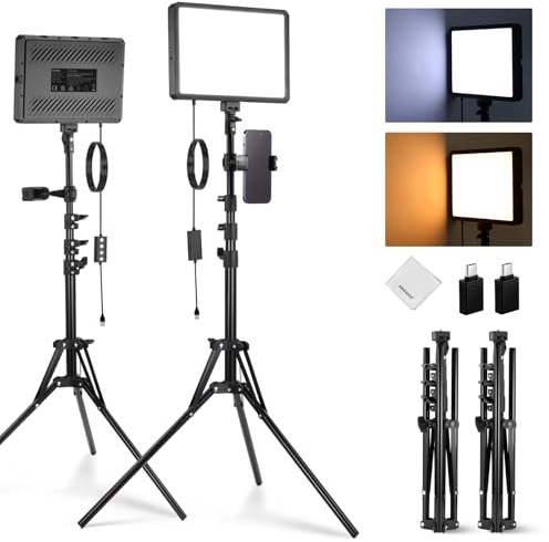 NEEWER BASICS Kit d'Lampe Photo, 2 Panneau LED, Bicolore 2700-6500K, Intensité Variable, avec 2 Trépieds de 59 pouces et 2 Supports de Téléphone,850lux pour Vidéo Photographie Tournage Streaming,BP300