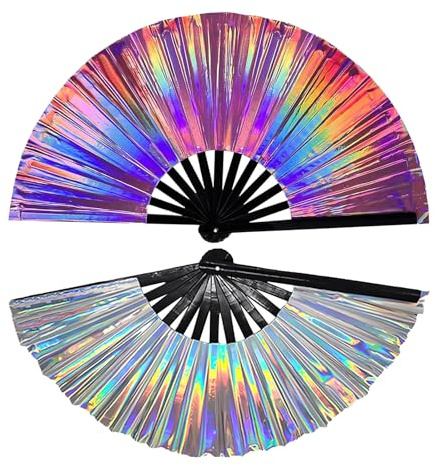 Fächer Rave 2 Stück – Große Bunte Handfächer Faltbar, Festival Fächer mit Holographischem Effekt für Party, Hochzeit, Performance, Clack Fächer für Disco und Karneval