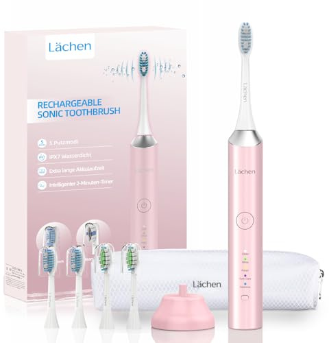 Lächen Elektrische Zahnbürste, 5 Modi Elektrische Schallzahnbürste, 2 Minuten Timer,USB-Ladung für 60 Tage, IPX7 Wasserdicht mit Reise-Etui 4 Aufsteckbürsten (Rosa)