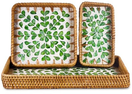 Welhammsae 3 Stück Rattan Serviertablett Rechteck Geflochtener Aufbewahrungskorb Couchtischtablett für Geeignet für Zuhause Küche Bad Wohndekor(Grüne Weidenzweige)