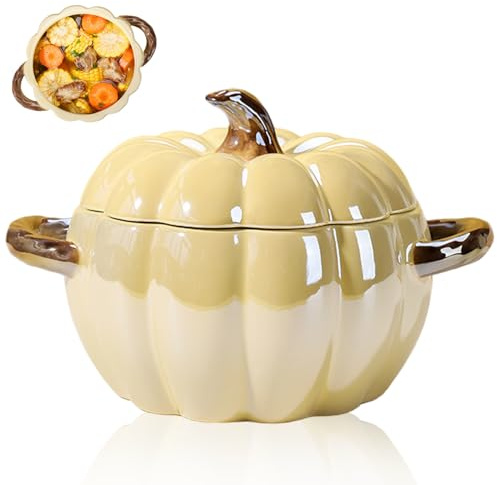 Ferricult Bol à citrouille avec couvercle, joli bol en céramique de citrouille de 1, 8 L avec double poignée, pots décoratifs faciles à nettoyer pour Halloween, Thanksgiving, décorations Noël