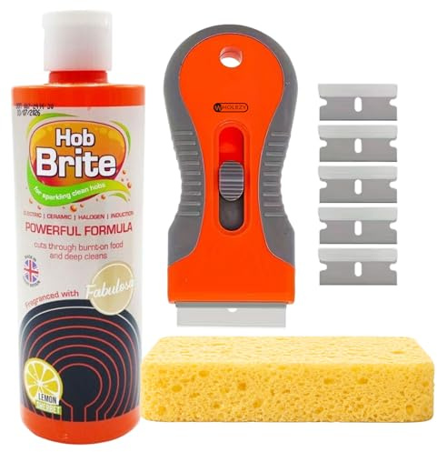 Hob Brite Anti-Bac Ceramic Hob Cleaning Kit Bundle – 250ml Cleaner, Non-Scratch Glass Scraper with 5 Spares & Heavy-Duty Sponge for Induction, Ceramic & Glass Hobs
