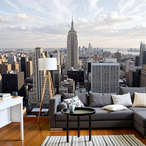 Papel tapiz fotográfico Horizonte Ciudad Nueva York 200An×150Al cm Tejido No Tejido Fondo De Pantalla Paisajes Urbanos Modernos Fotomurales Decoración Pared Dormitorio Sala Oficina Salón Murales,Gris
