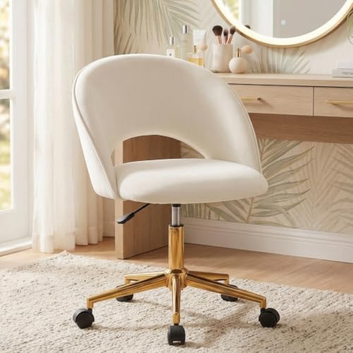 Hellove Tocador de terciopelo blanco, silla cosmética Bouclé con base dorada, giratoria 360°, altura ajustable sin reposabrazos, moderna silla tapizada de escritorio para dormitorio, sala de