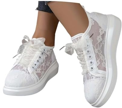 Baskets blanches pour femme - Chaussures Dirndl - Chaussures de mariée blanches - Chaussures traditionnelles en dentelle - Élégantes chaussures en tissu - Brodées blanches - Chaussures de mariage