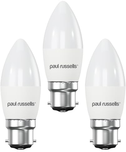 paul russells LED Light Bayonet Cap B22, 60watt Equivalent, 6.5W 806LM LED Bulbs, 6500K Bright Daylight, Frosted C35 BC Candle Energy Saving Non-Dimmable Chandelier Lightbulbs, 3 Pack