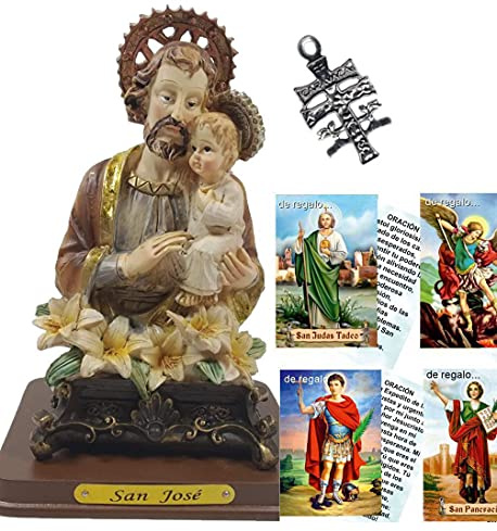 Heraldys.- Figura San José 13 cms. en Resina, Pintada a Mano + Cruz de Caravaca. También de Regalo estampas de San Expedito, San Pancracio, San Judas Tadeo y San Miguel.