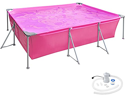 tectake® Piscina Fuori Terra Rettangolare, Piscina da Giardino con Pompa di Filtraggio Inclusa, PVC Alta Resistenza, Rapido Scarico dell'Acqua, 300 x 207 x 70 cm - Rosa Fucsia