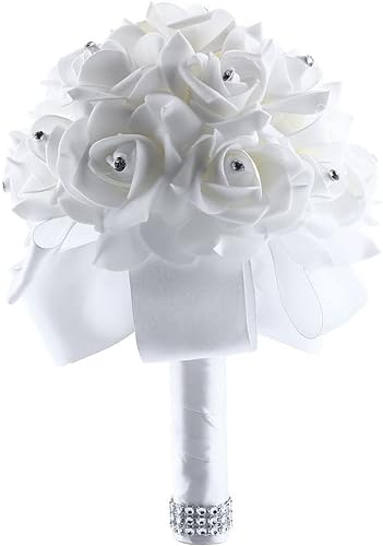 PIQIUQIU Brautstrauss Hochzeit Blumenstrauß Gefälschte Braut Bouquet Hochzeit Künstlich Blume mit Strass für Hochzeit, Fotoshooting 7x9,8 Zoll Elfenbein