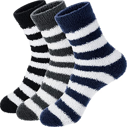 Geyoga 3 Pairs Men Fluffy Slipper Socks Elasticity Winter Fuzzy Thermal Comfy High Warm Bed Soft Fleece Sleeping Thick Cozy Sock Presents for Home Room, Size UK 6-11 (Striped Style)