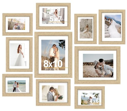 Povrgive Picture Frames, Made of Real Glass and Wooden Frame, Gallery Photo Frames Set of 10 for Collage Wall Decor, Multi Sizes Including 8x10, 5x7, 4x6 for Mounting or Tabletop Display, Wood