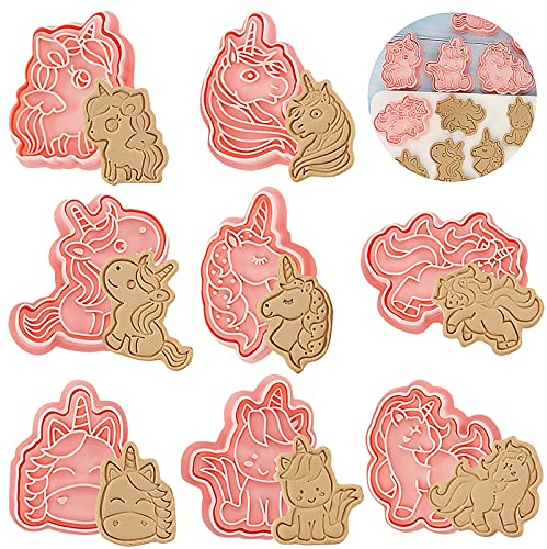 8 Stück Einhörner Keksausstecher, 3D Fondant Keks Ausstecher, Plätzchen Ausstecher Handpresse, Wiederverwendbar Cookie Mold für Kinder
