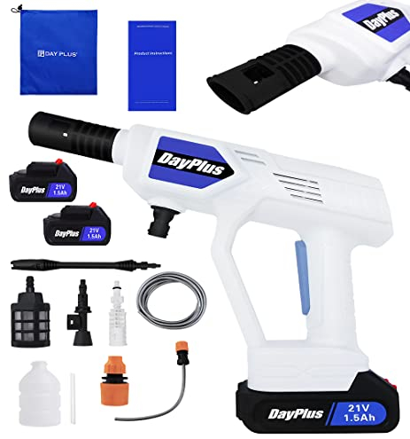 Akku Hochdruckreiniger 21V Mobiler Hochdruckreiniger mit 2x1.5Ah Akku zum Waschen von Autos, Auto Wasserpistole Wasserschaumgenerator mit Multi-Sprühdüse für Gartenfenster, Lange Lanze & 5m Schlauch