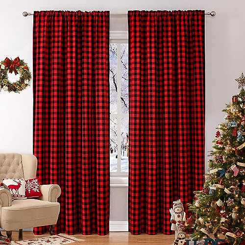 WUBODTI Christmas Red and Black Plaid Curtains 72 Inch Length for Living Room, Farmhouse Buffalo Plaid Checkered Curtains Rod Pocket Light Filtering Gingham Drapes for Bedroom, 2 Panels